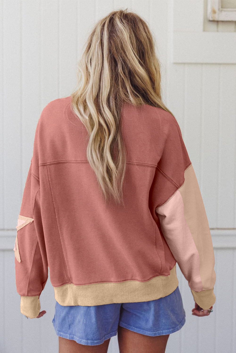 Sage Green Star Patchwork Exposed Seam Uneven Hem Sweatshirt