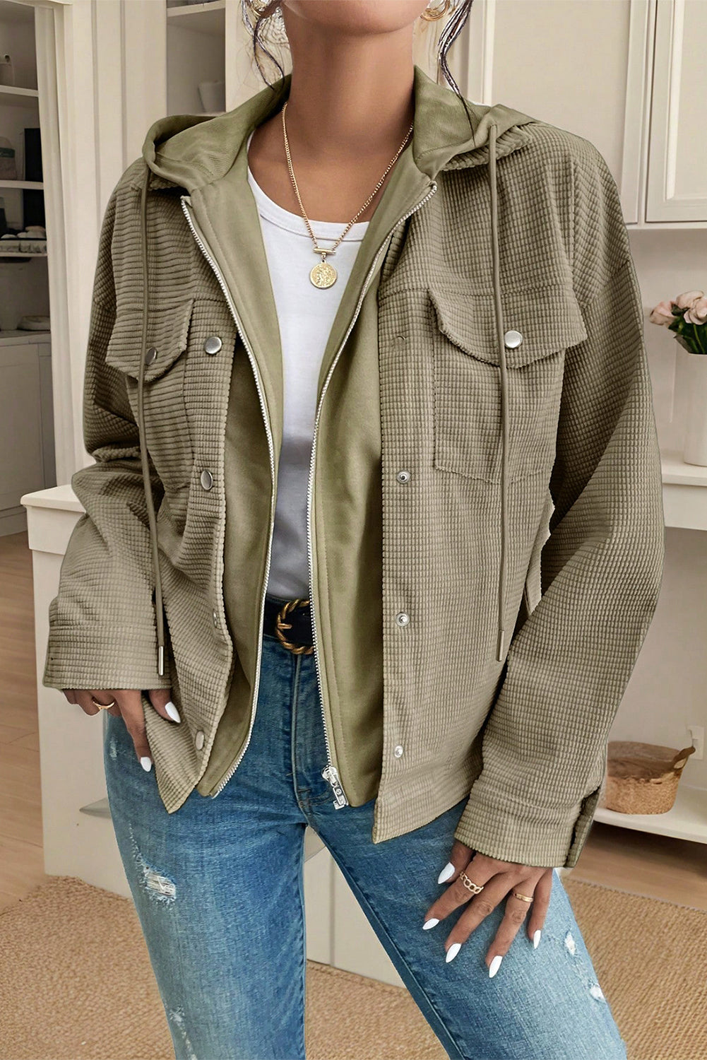 Laurel Green Solid Color Textured Patchwork Flap Pocket Shacket