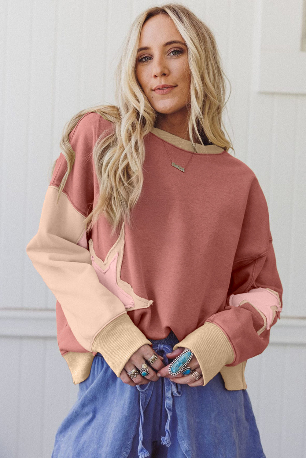 Sage Green Star Patchwork Exposed Seam Uneven Hem Sweatshirt
