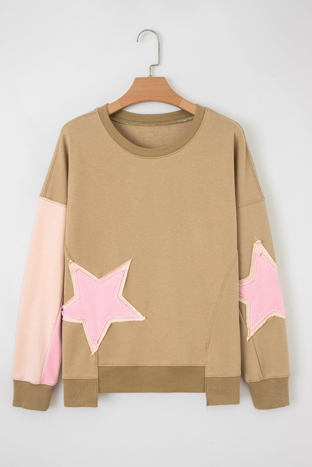 Sage Green Star Patchwork Exposed Seam Uneven Hem Sweatshirt