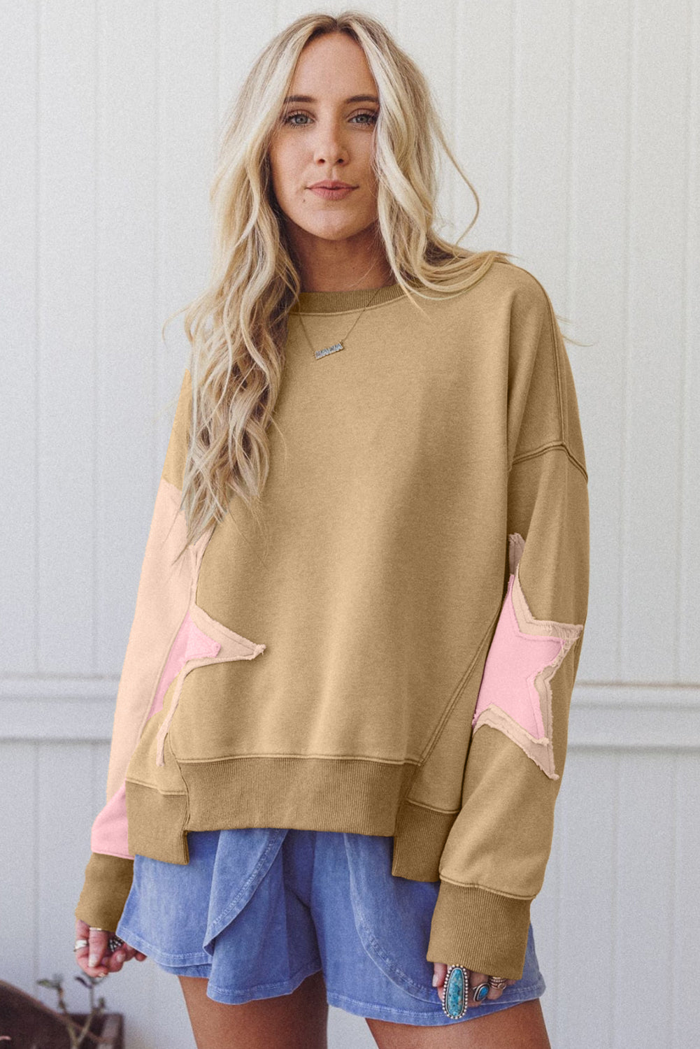 Sage Green Star Patchwork Exposed Seam Uneven Hem Sweatshirt
