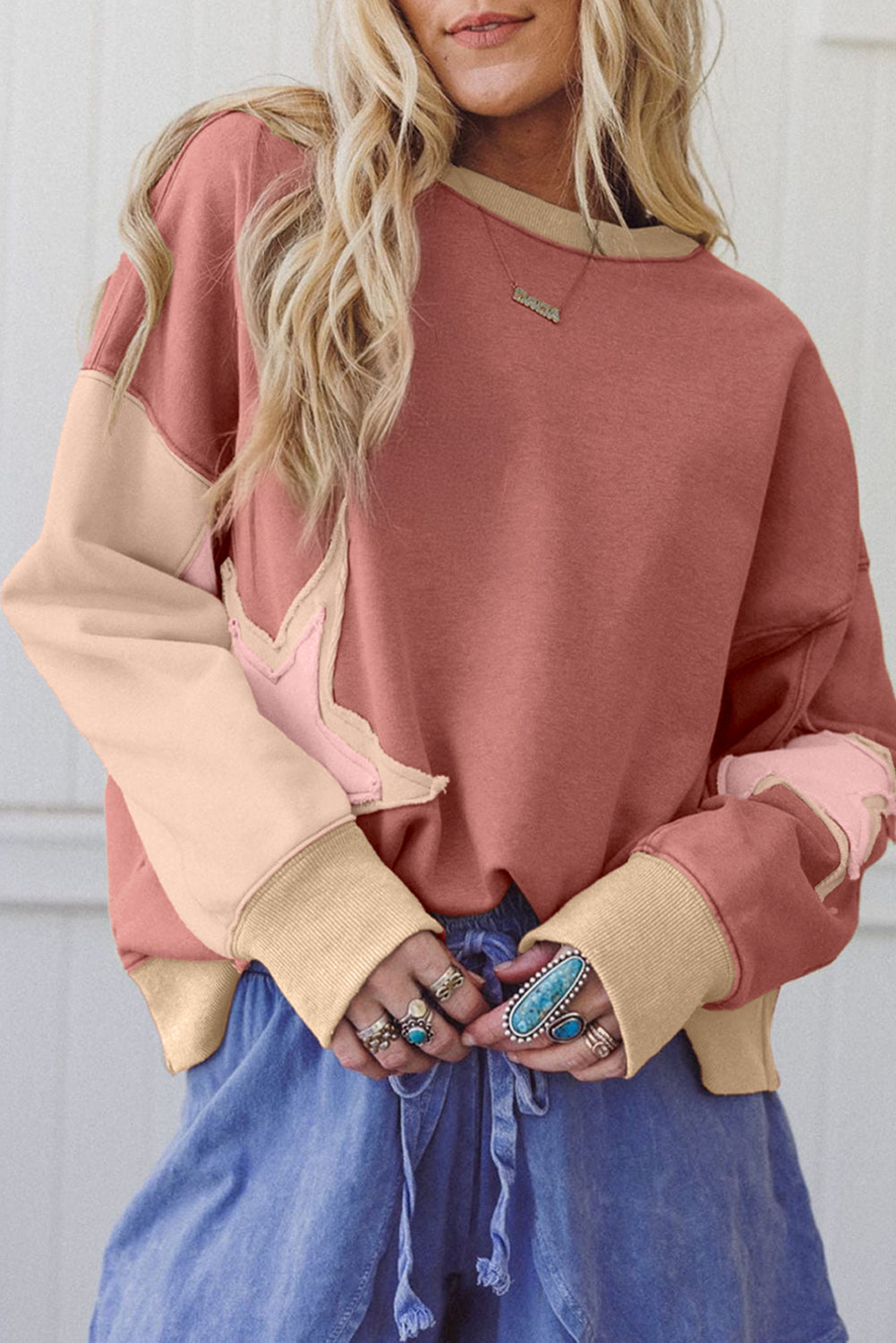 Sage Green Star Patchwork Exposed Seam Uneven Hem Sweatshirt