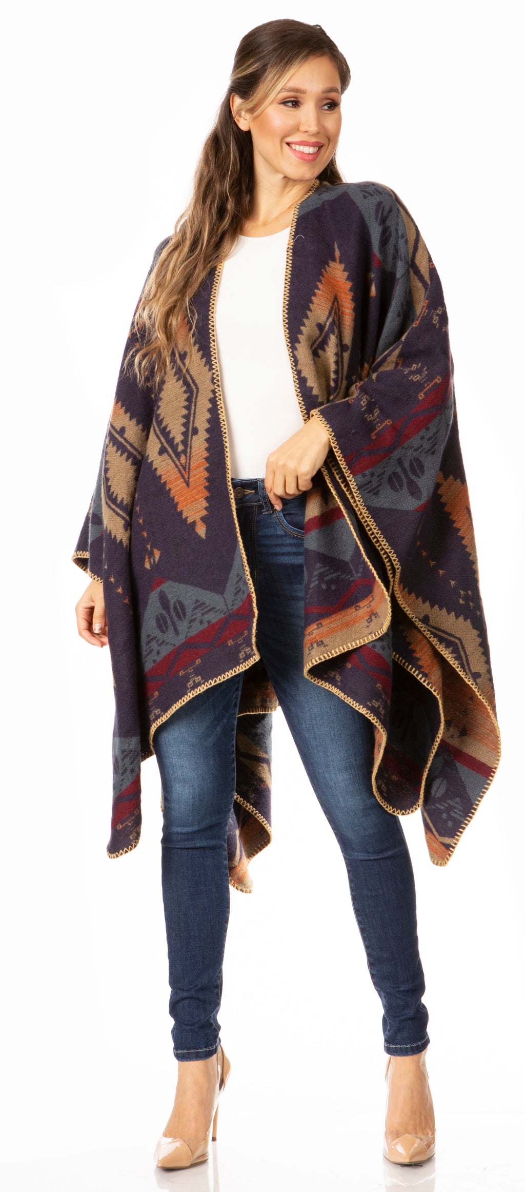 Sakkas Lupe Reversible Patterned Ruana Poncho Wrap Cardigan