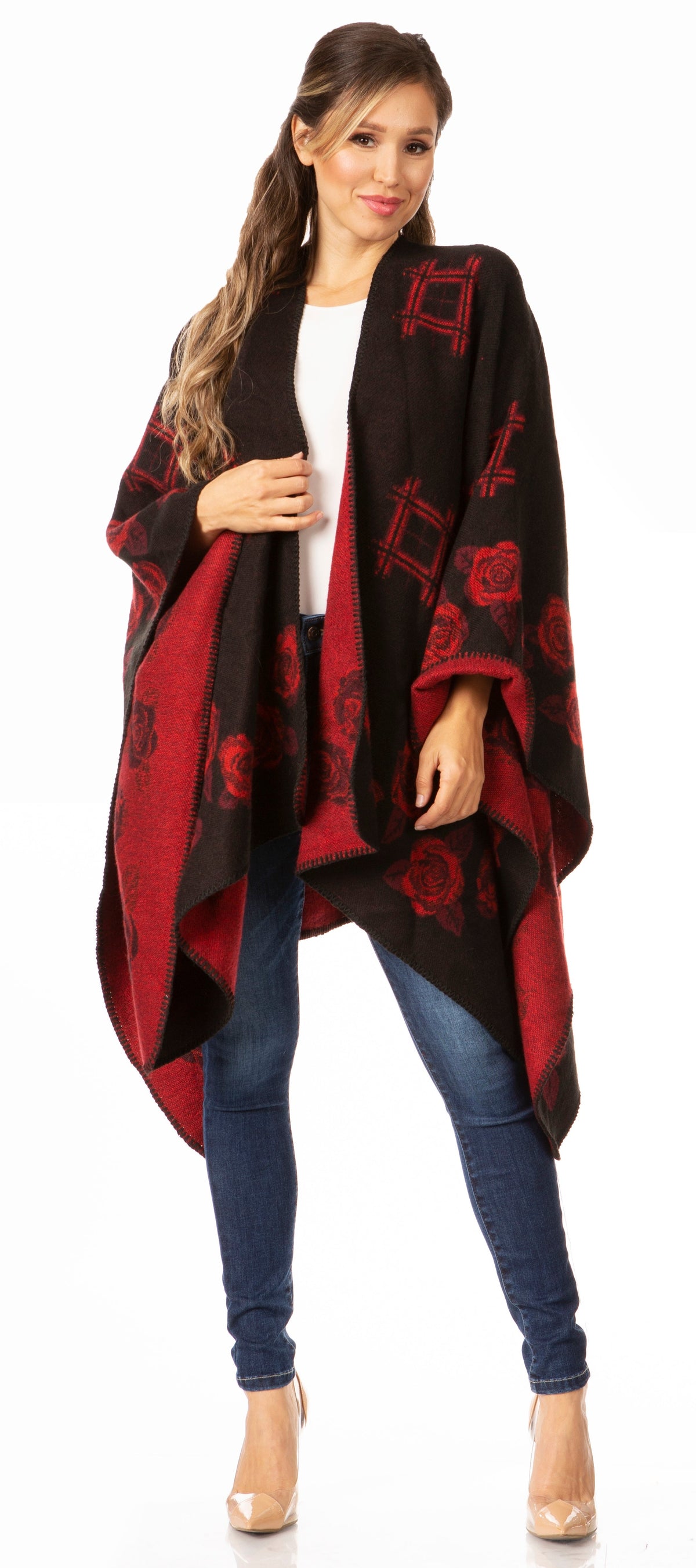 Sakkas Lupe Reversible Patterned Ruana Poncho Wrap Cardigan