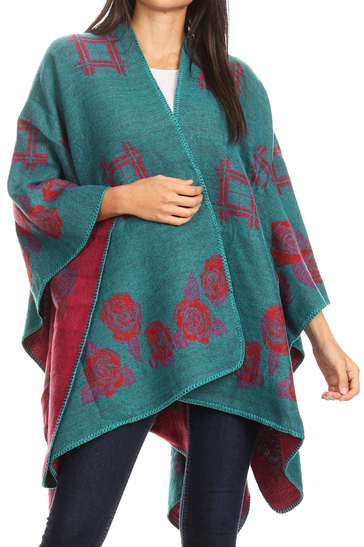 Sakkas Lupe Reversible Patterned Ruana Poncho Wrap Cardigan