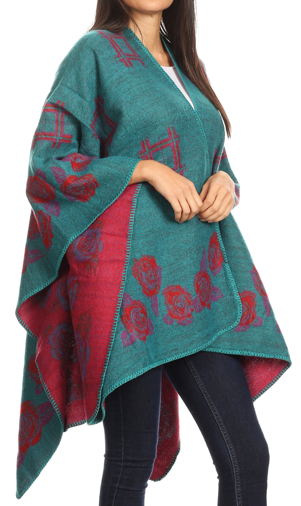Sakkas Lupe Reversible Patterned Ruana Poncho Wrap Cardigan
