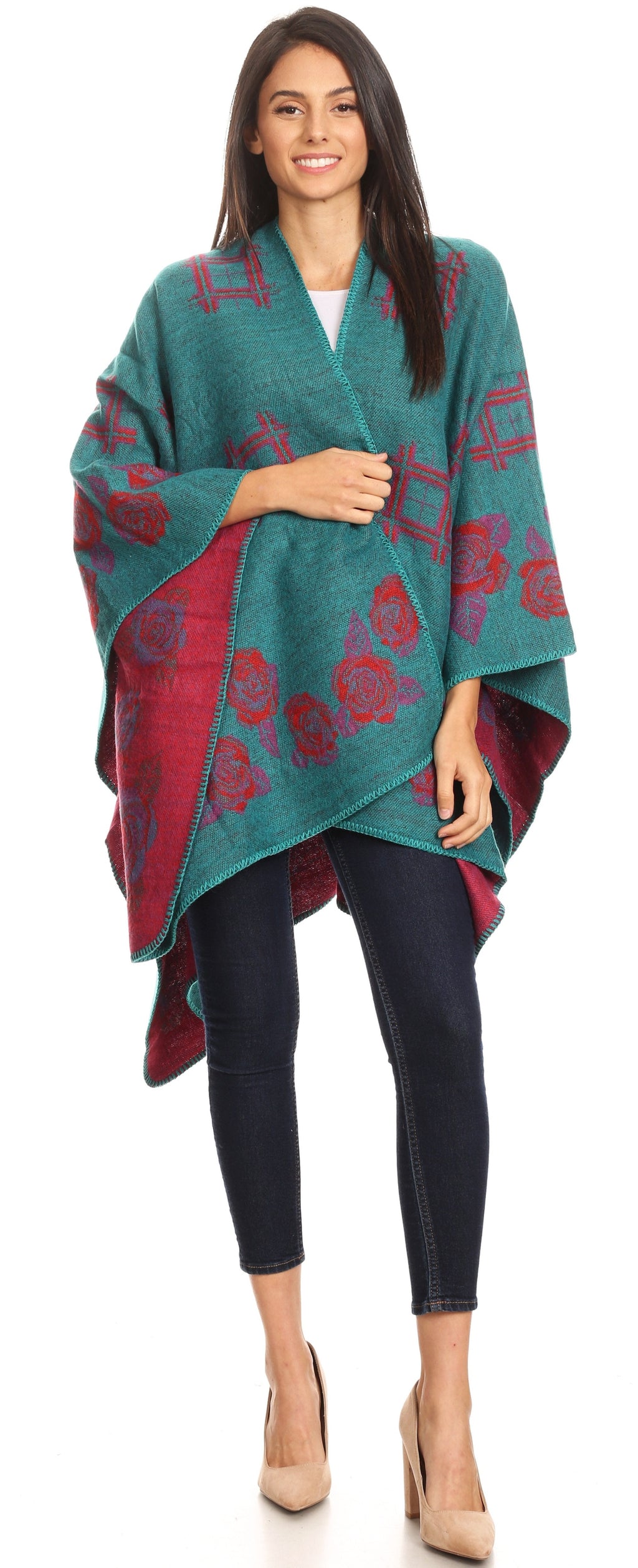 Sakkas Lupe Reversible Patterned Ruana Poncho Wrap Cardigan