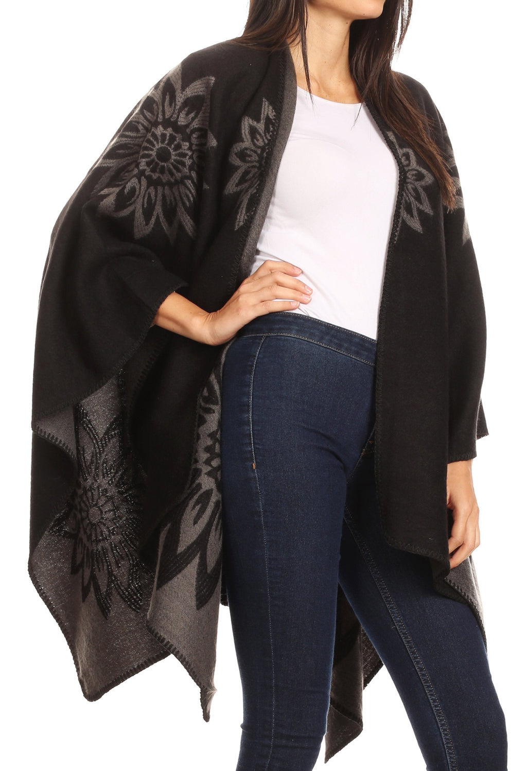 Sakkas Lupe Reversible Patterned Ruana Poncho Wrap Cardigan
