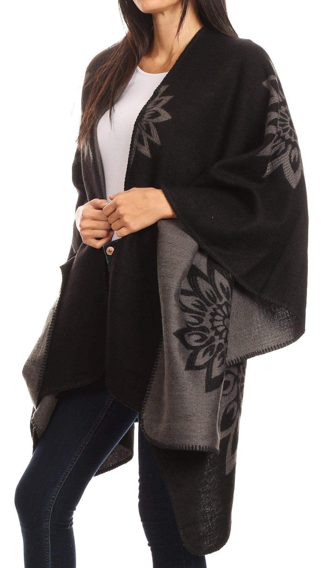 Sakkas Lupe Reversible Patterned Ruana Poncho Wrap Cardigan