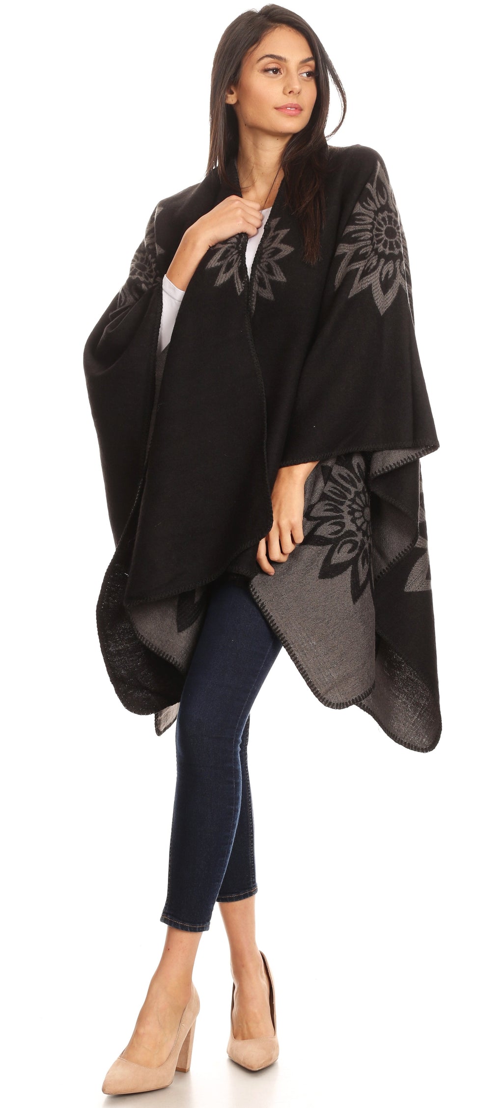 Sakkas Lupe Reversible Patterned Ruana Poncho Wrap Cardigan