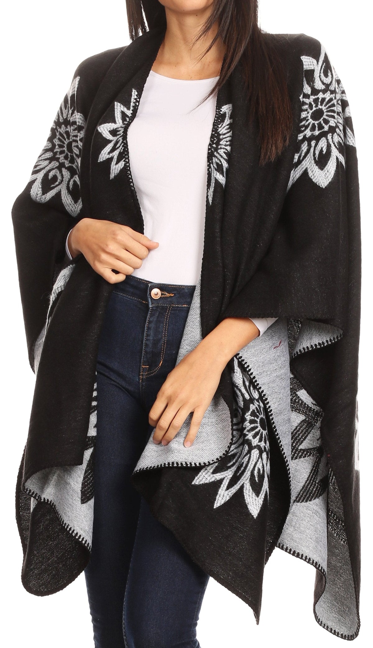 Sakkas Lupe Reversible Patterned Ruana Poncho Wrap Cardigan