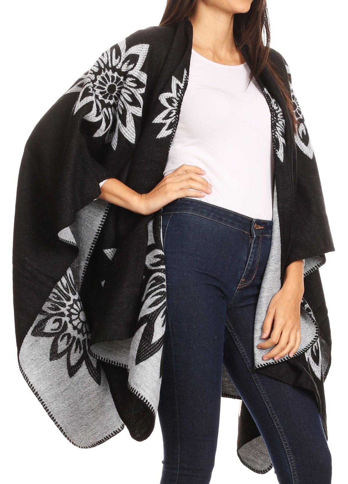 Sakkas Lupe Reversible Patterned Ruana Poncho Wrap Cardigan