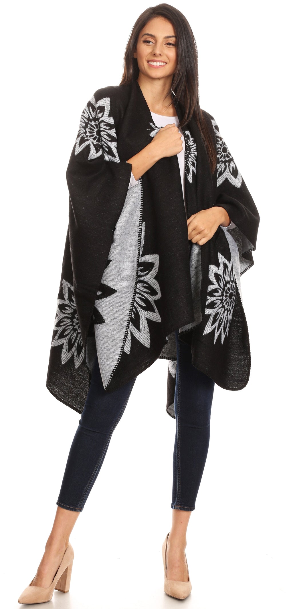 Sakkas Lupe Reversible Patterned Ruana Poncho Wrap Cardigan