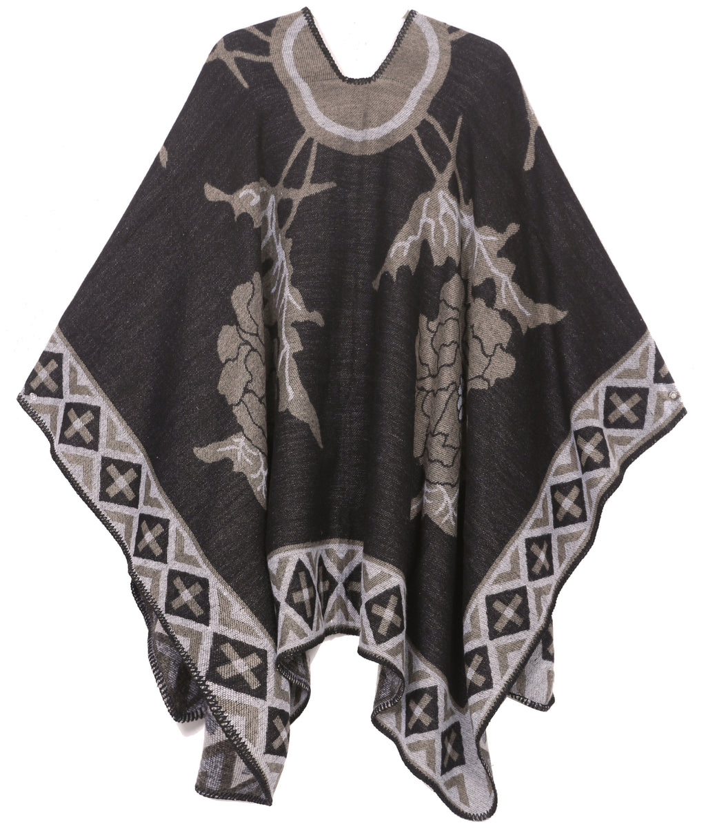 Sakkas Lupe Reversible Patterned Ruana Poncho Wrap Cardigan