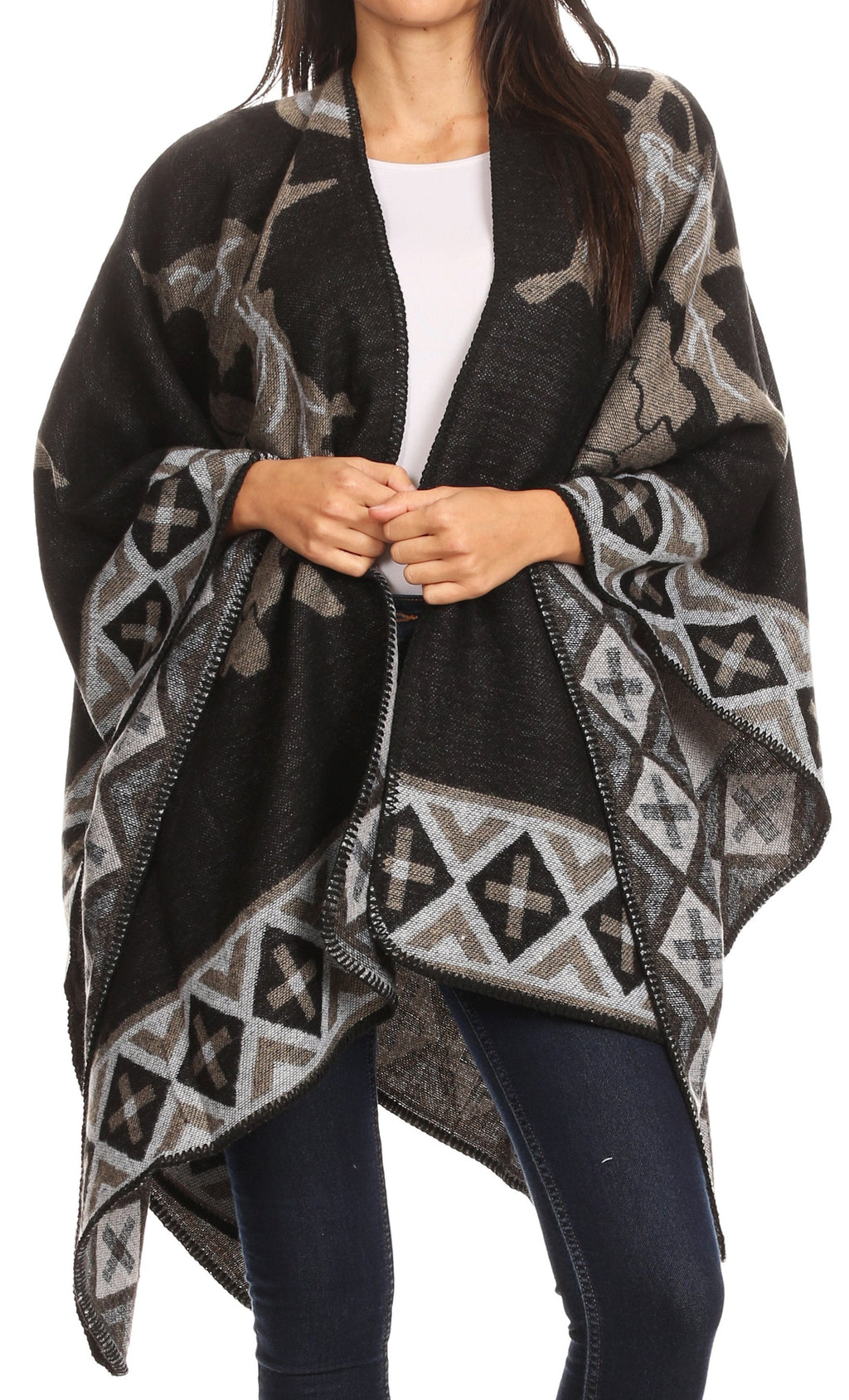 Sakkas Lupe Reversible Patterned Ruana Poncho Wrap Cardigan