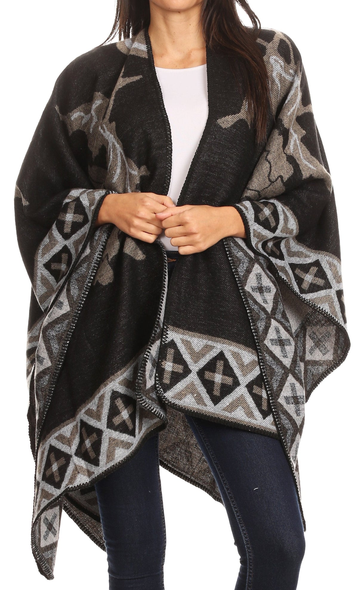 Sakkas Lupe Reversible Patterned Ruana Poncho Wrap Cardigan