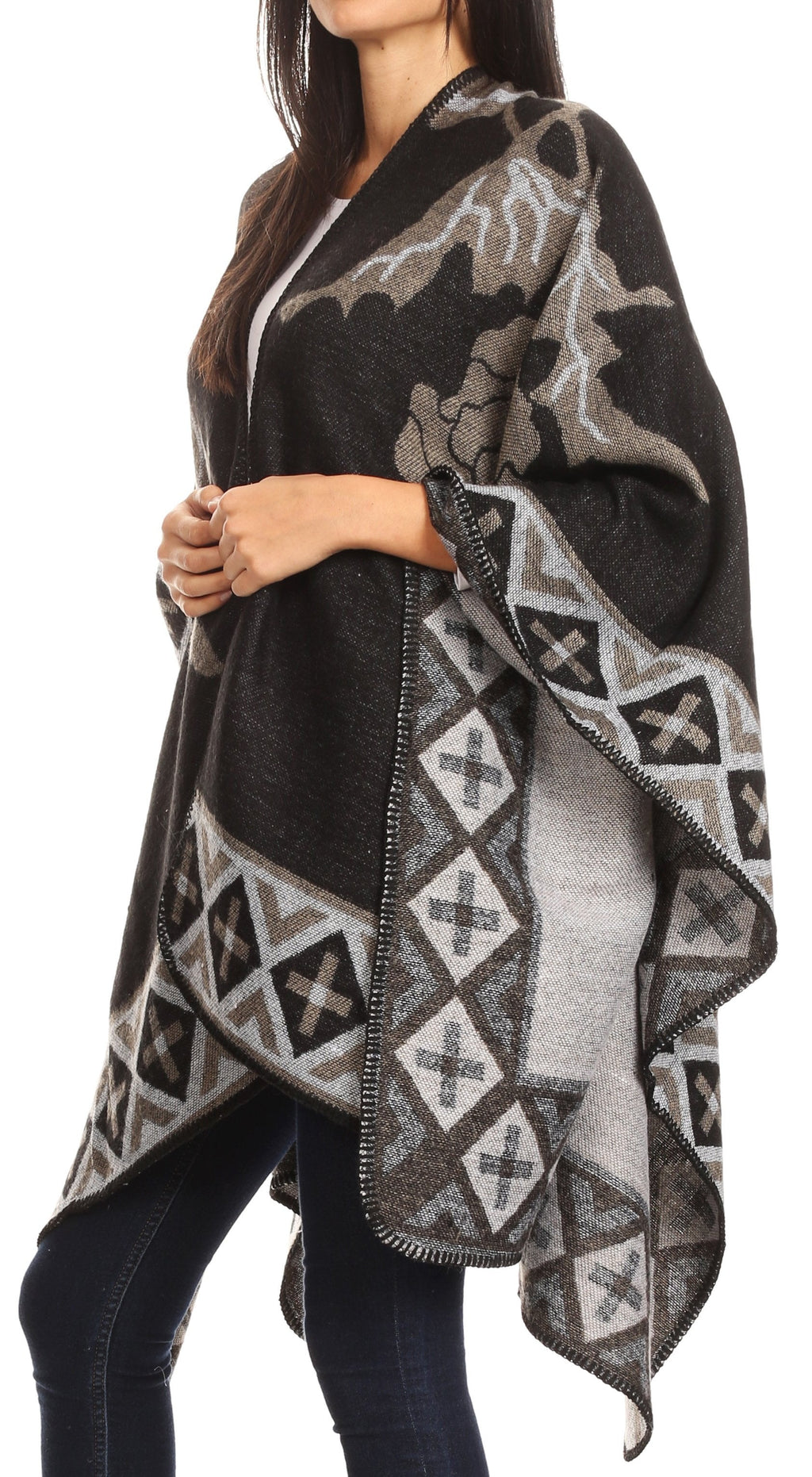 Sakkas Lupe Reversible Patterned Ruana Poncho Wrap Cardigan