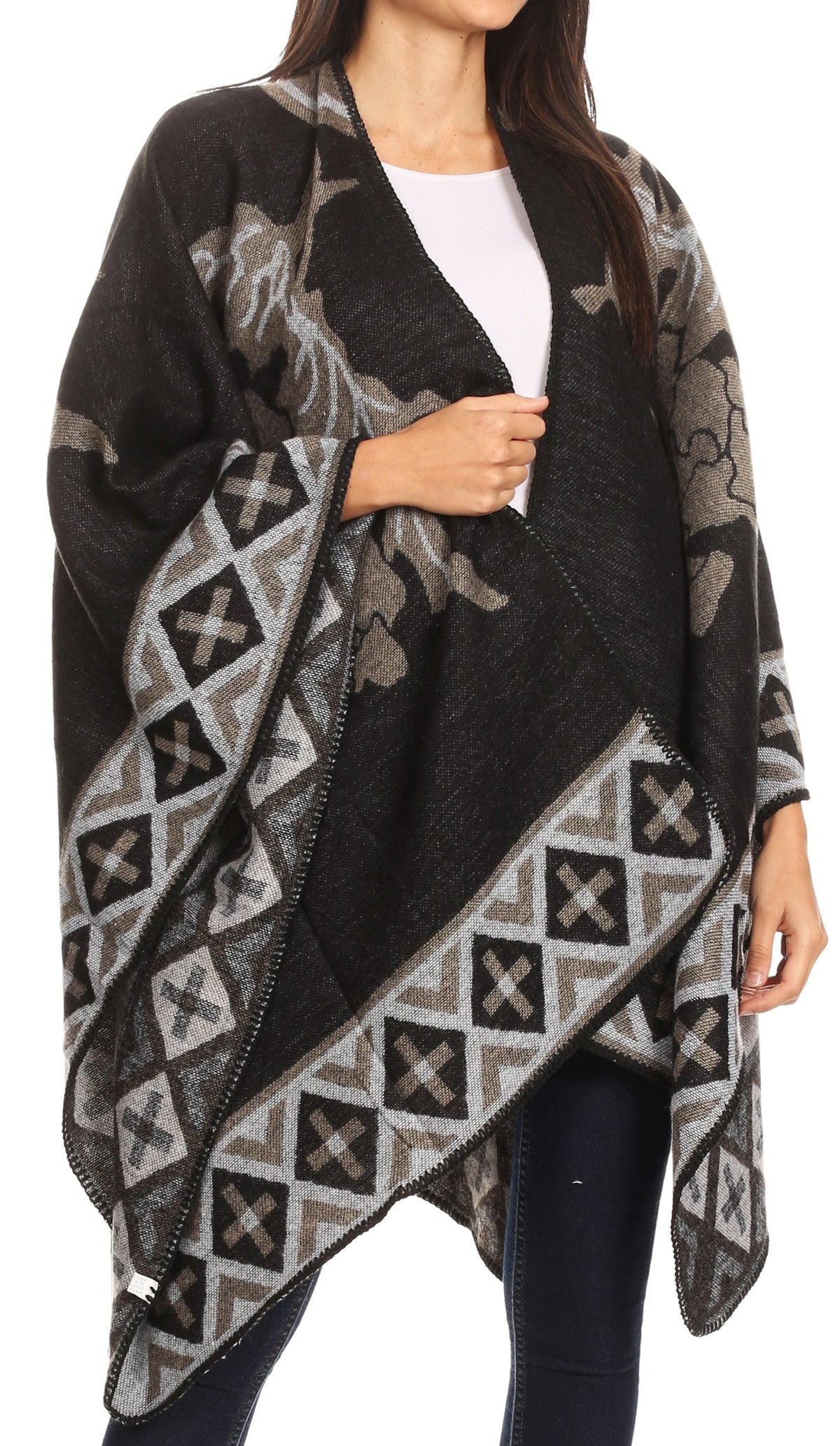 Sakkas Lupe Reversible Patterned Ruana Poncho Wrap Cardigan