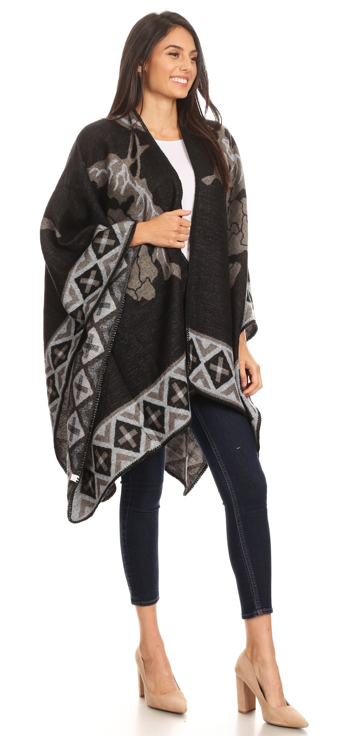 Sakkas Lupe Reversible Patterned Ruana Poncho Wrap Cardigan