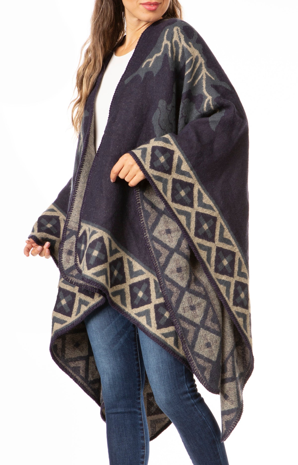 Sakkas Lupe Reversible Patterned Ruana Poncho Wrap Cardigan