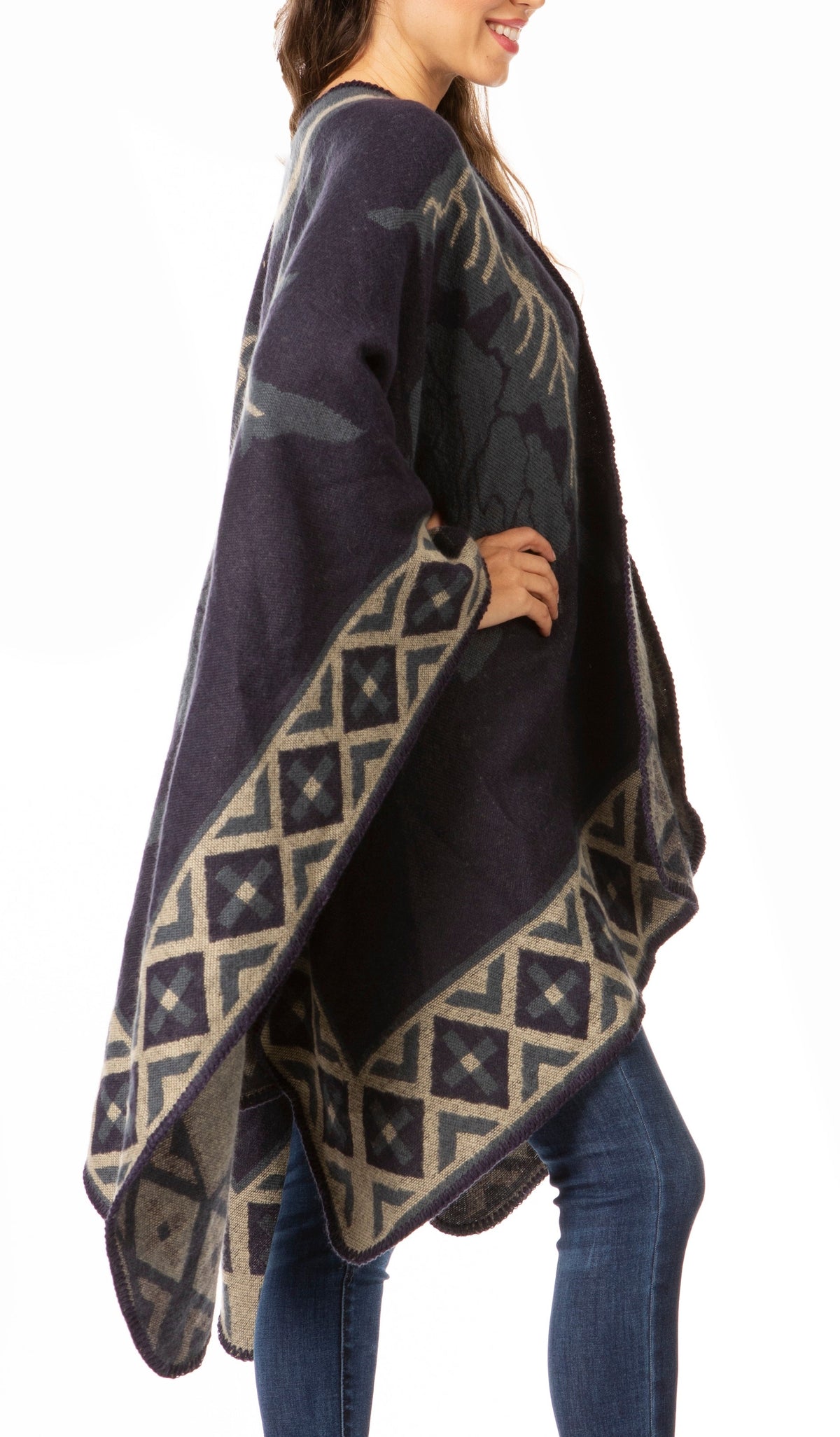 Sakkas Lupe Reversible Patterned Ruana Poncho Wrap Cardigan