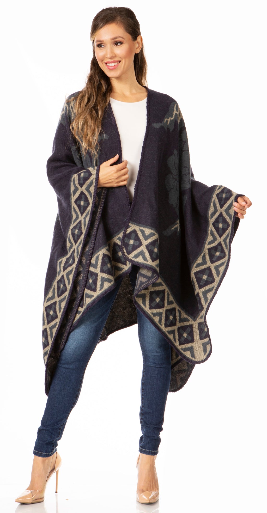 Sakkas Lupe Reversible Patterned Ruana Poncho Wrap Cardigan