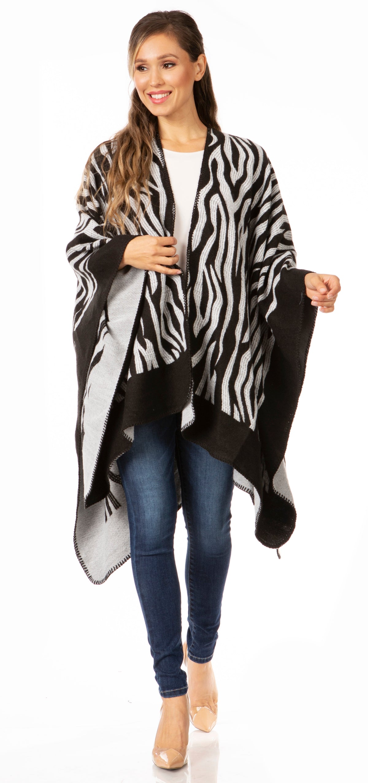 Sakkas Lupe Reversible Patterned Ruana Poncho Wrap Cardigan