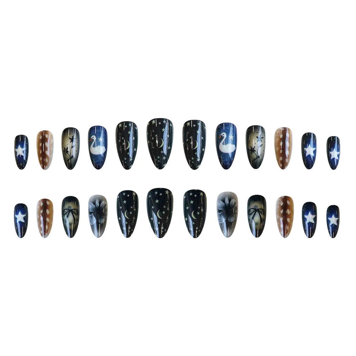 24pcs Gradient Black False Nails Yellow Star Moon Swan Pattern Press On Nails Sweet Cool Bowknots Flower Fake Nail Y2k Manicure