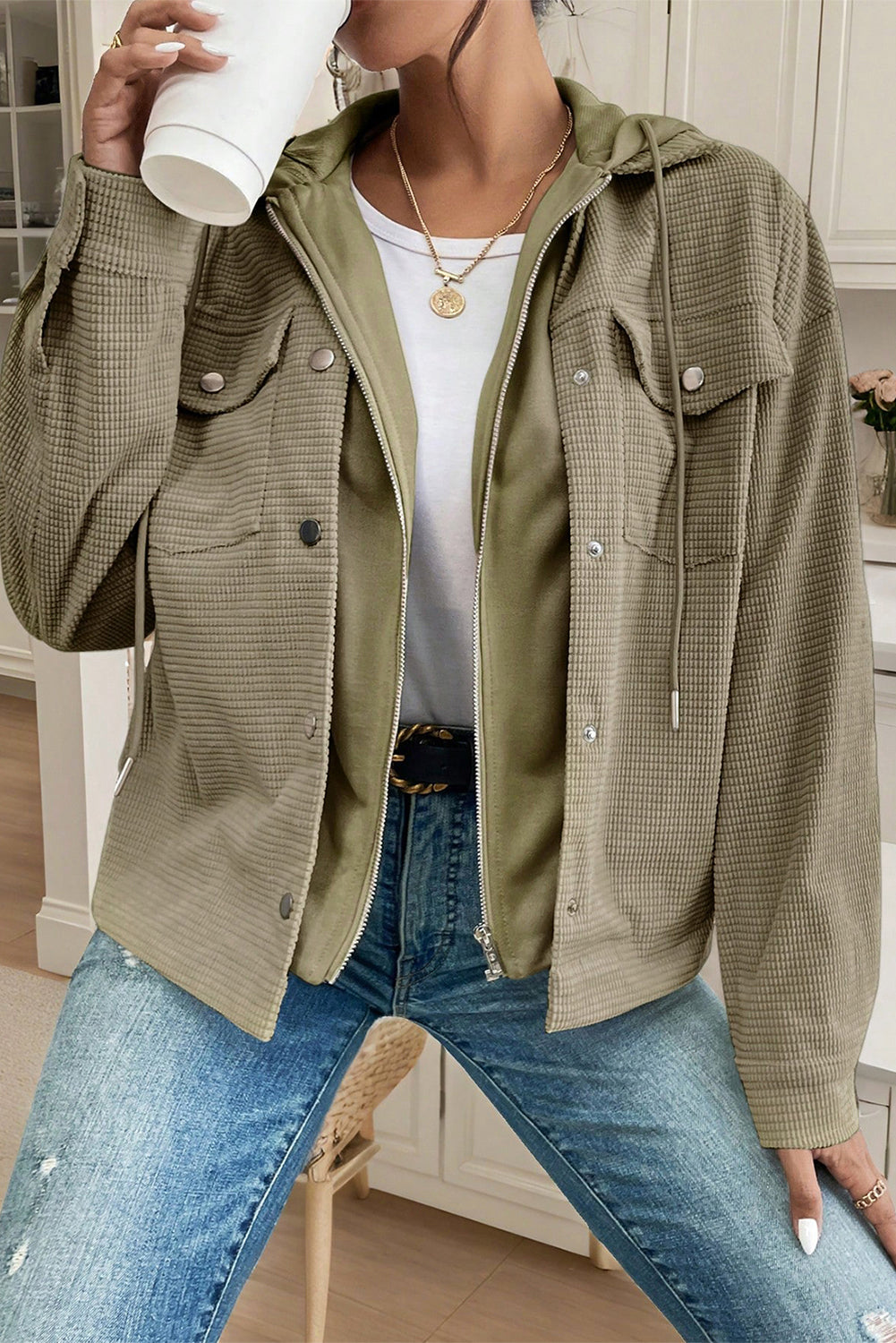 Laurel Green Solid Color Textured Patchwork Flap Pocket Shacket
