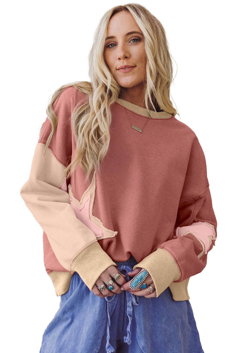 Sage Green Star Patchwork Exposed Seam Uneven Hem Sweatshirt